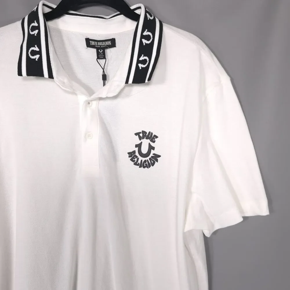 TRUE RELIGION Mens New Polo Shirt LARGE White Logo Graphic 701065 PIQUE POLO